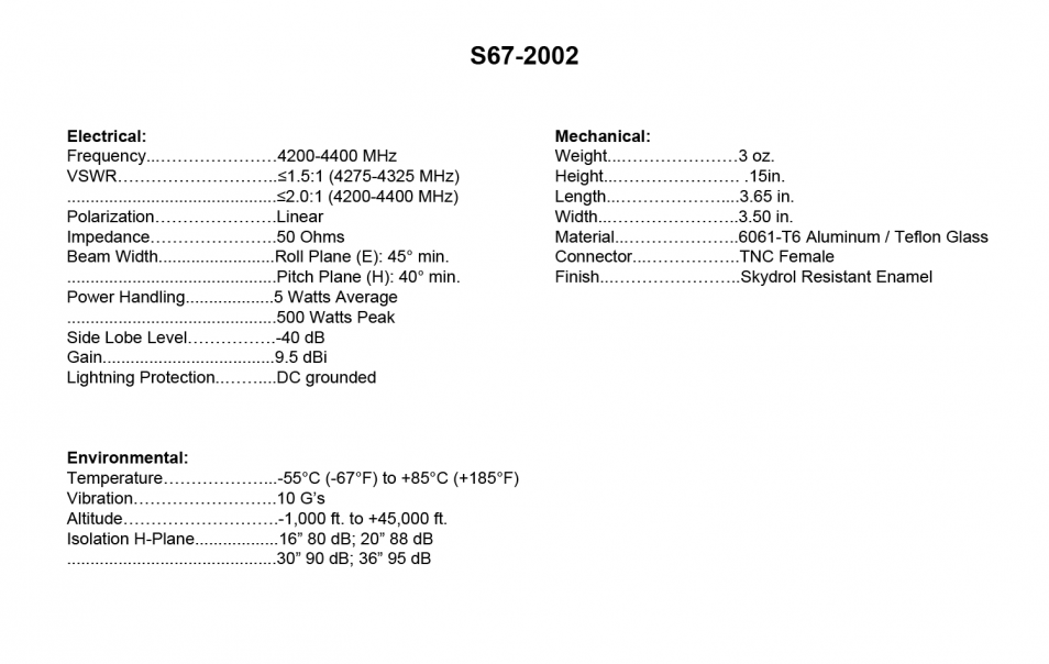 S672002_Specs Sensor Systems Inc., Aircraft Antenna