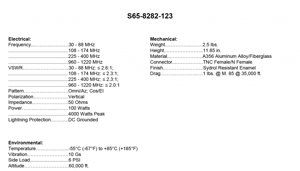 S658282123specsPNG Sensor Systems Inc., Aircraft Antenna